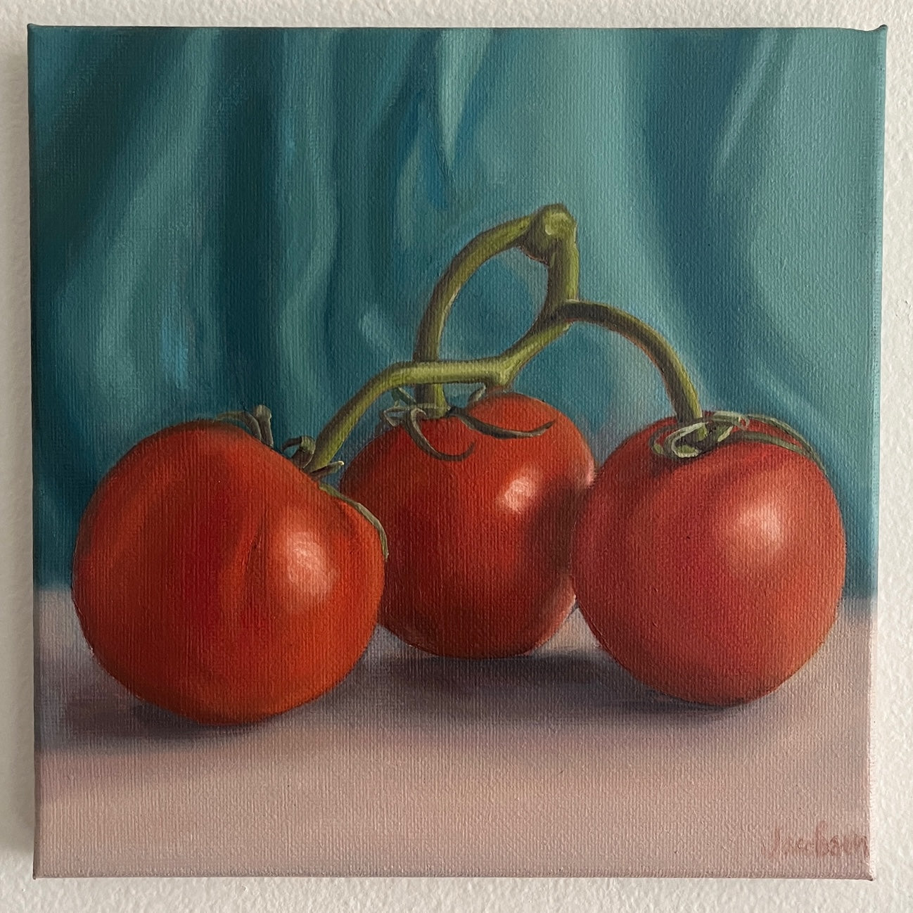 “Tomatoes on the Vine” Original Oil Painting 10”x10”